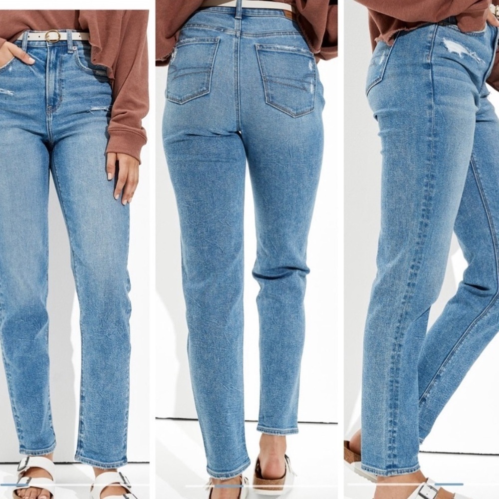 American Eagle Stretch High Rise Straight Leg Mom Jeans, size 0 - Picture 3 of 9